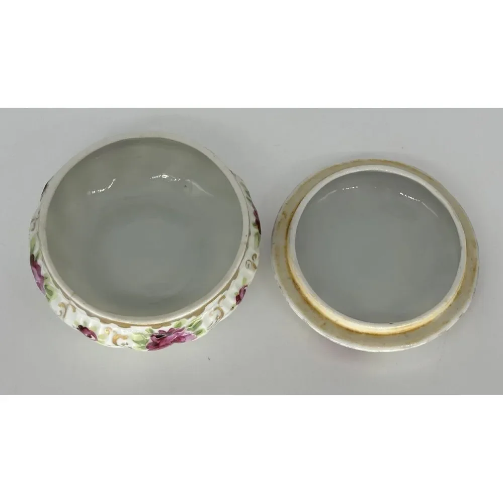 Vintage 1930's Hand Painted Floral & Gold Gild China Round Trinket Dish With Lid